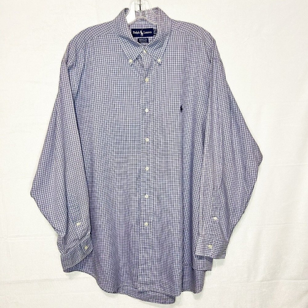 Ralph Lauren Shirt Mens 16.5 33 Blue Plaid Yarmouth Long-Sleeve Button-Up Cotton